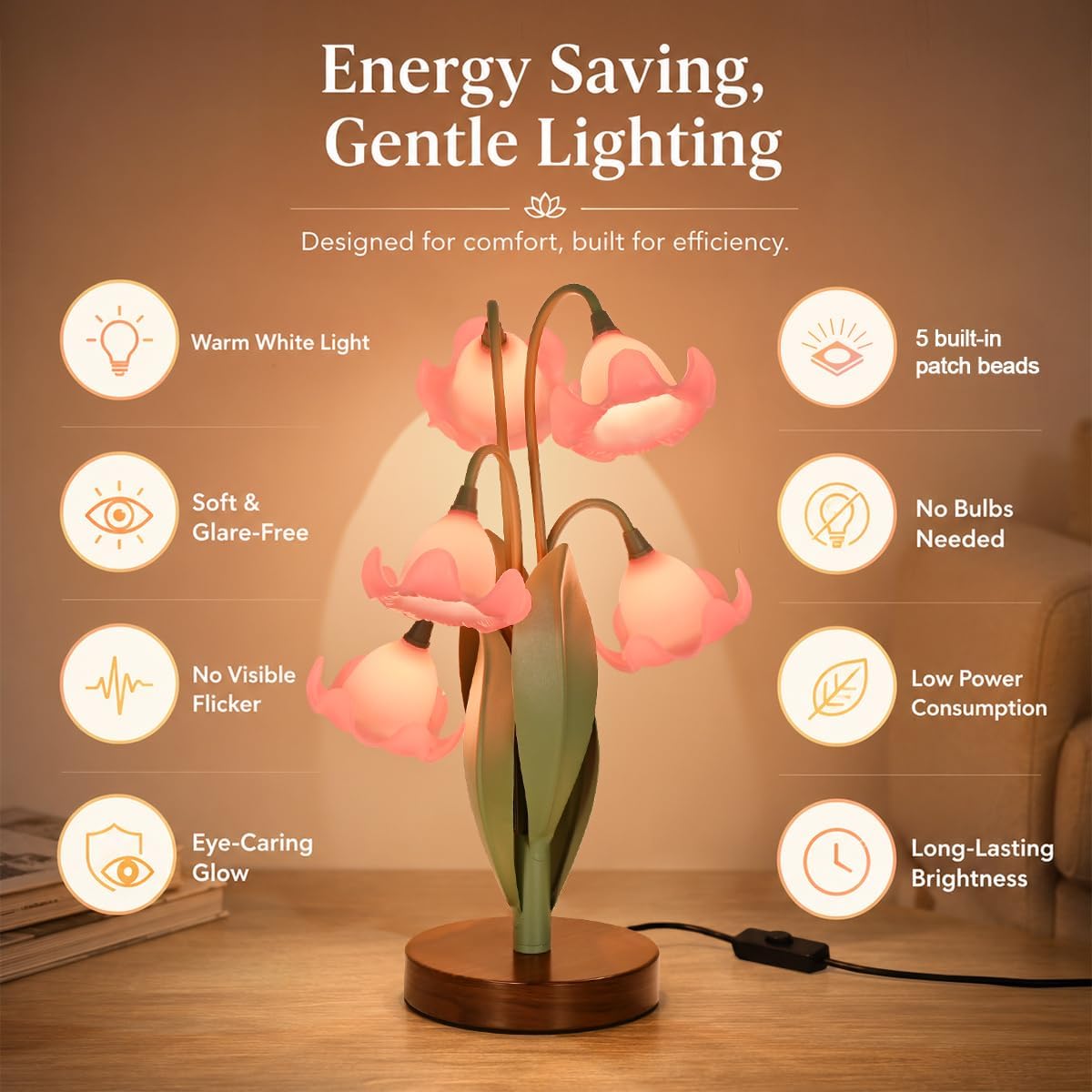 Flower Table Lamp for Bedroom, LED Cute Reading Light