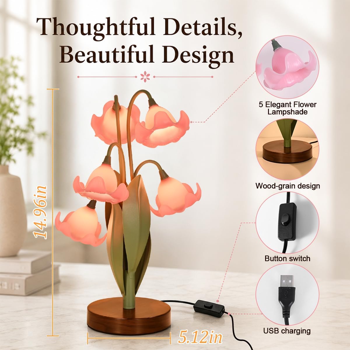 Flower Table Lamp for Bedroom, LED Cute Reading Light