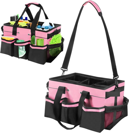 Cleaning Caddy Bag Wearable,Cleaning Caddy Supplies Organizer with Handle,Shoulder Straps & Detachable Divide,Multi Pocket Bucket Cleaning Tool Organizers Tote Bag for Home,Car,Garden,Craft (Pink)