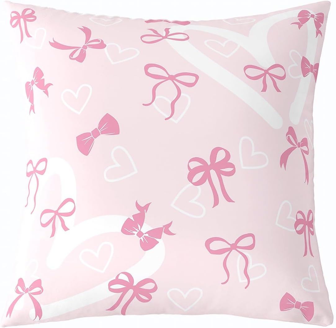 Pink Bow Decor Pillowcase 22 x 22-Inch Cute Bowknot Throw Pillow Covers Set of 1 for Kids Boys Girls Decor Heart Pattern Cushion Case Kawaii Bedroom Decor