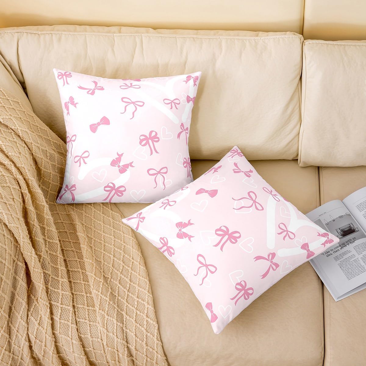Pink Bow Decor Pillowcase 22 x 22-Inch Cute Bowknot Throw Pillow Covers Set of 1 for Kids Boys Girls Decor Heart Pattern Cushion Case Kawaii Bedroom Decor