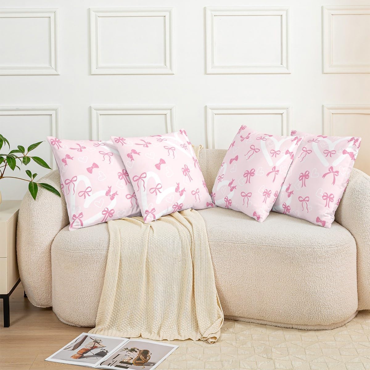 Pink Bow Decor Pillowcase 22 x 22-Inch Cute Bowknot Throw Pillow Covers Set of 1 for Kids Boys Girls Decor Heart Pattern Cushion Case Kawaii Bedroom Decor