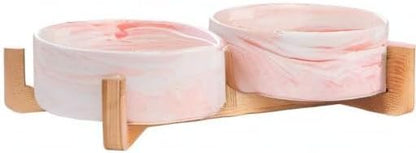 Marble Pink Ceramic Cat Dog Bowl Dish with Wood Stand No Spill Pet Food Water Feeder Cats Small Dogs Set of 2
