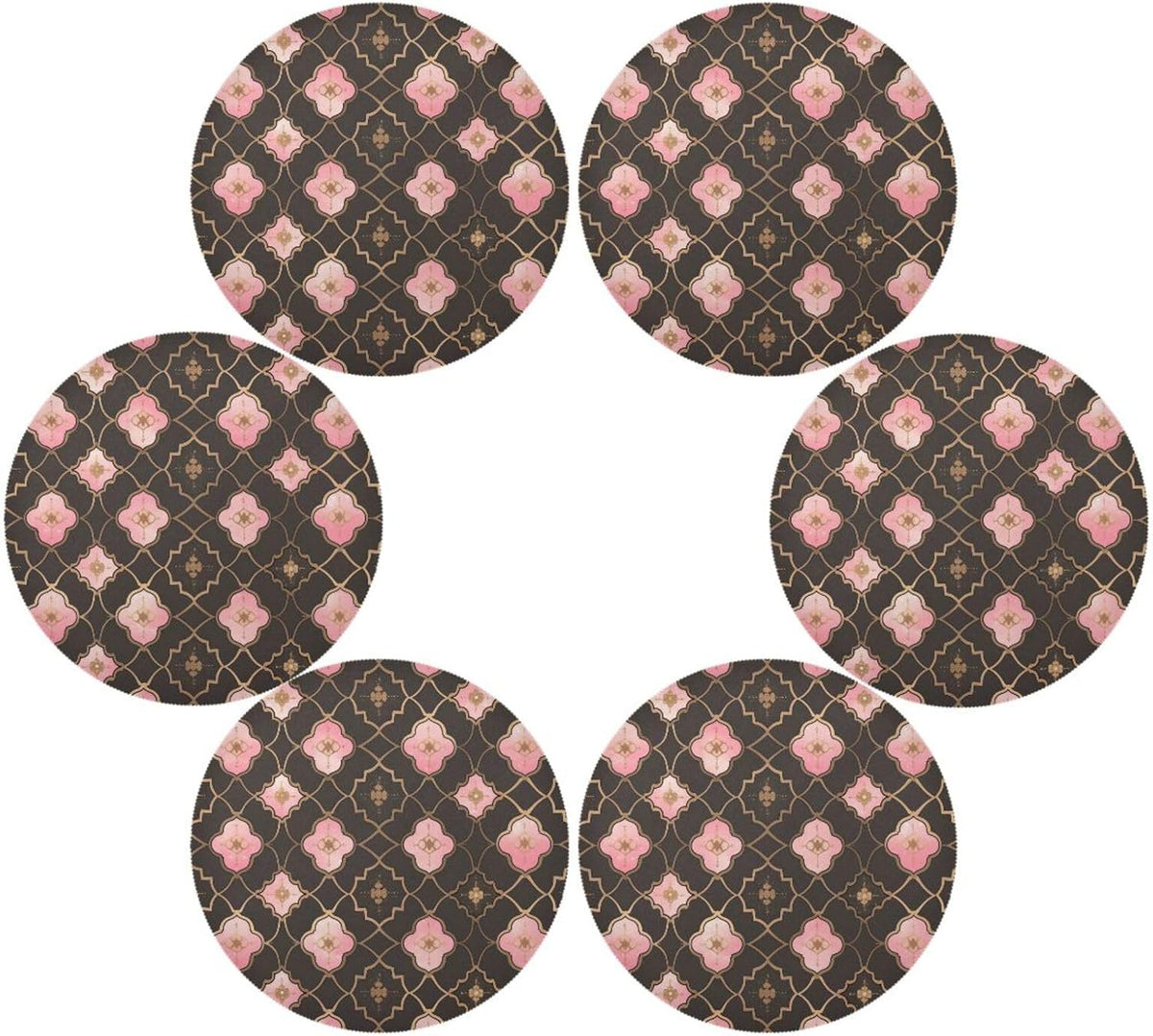 Quatrefoil Pattern Peach Gold Burlap Round placemats Dinner Waterproof 6 Piecing placemat Set 15.4x15.4in