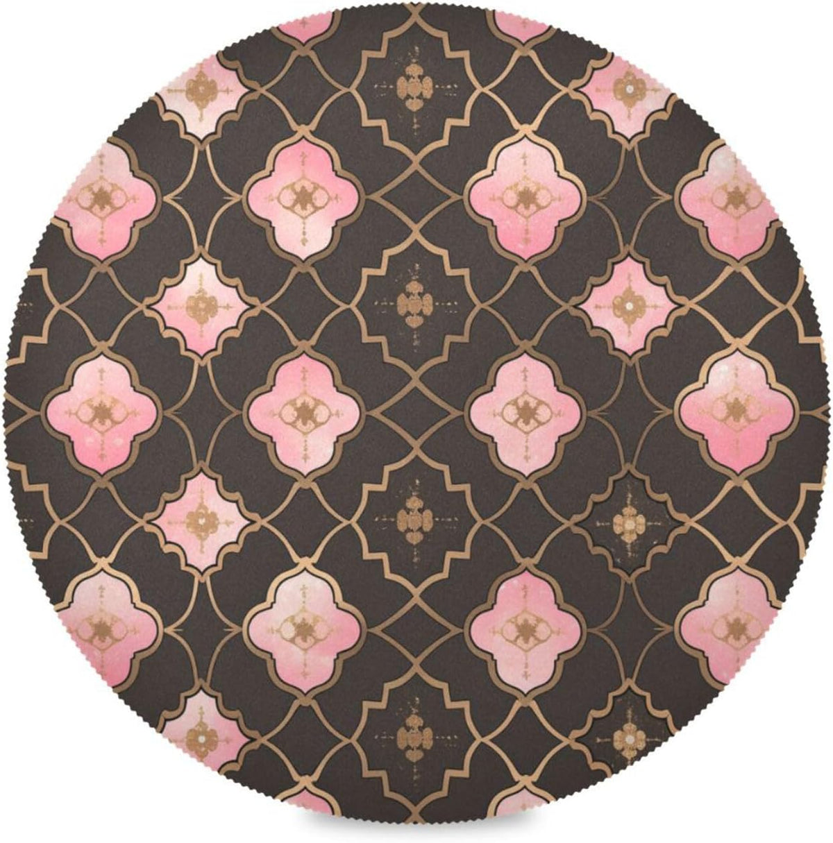 Quatrefoil Pattern Peach Gold Burlap Round placemats Dinner Waterproof 6 Piecing placemat Set 15.4x15.4in