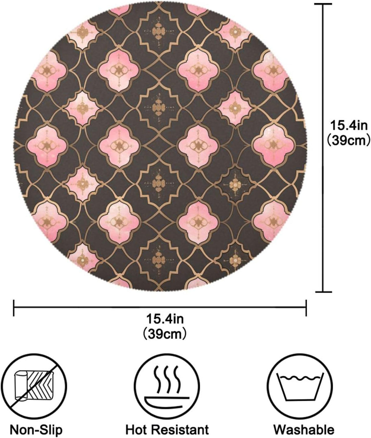 Quatrefoil Pattern Peach Gold Burlap Round placemats Dinner Waterproof 6 Piecing placemat Set 15.4x15.4in