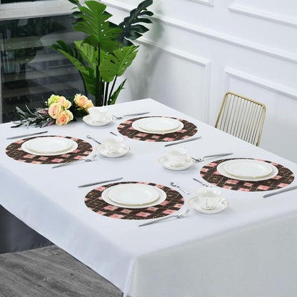 Quatrefoil Pattern Peach Gold Burlap Round placemats Dinner Waterproof 6 Piecing placemat Set 15.4x15.4in