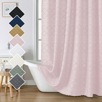 Blush Pink Fabric Shower Curtain 72x72 Inches, Clip Jacquard Minimalist Cloth Shower Curtain for Bathroom, Chic Tufted Plaid Striped Boho Fabric Shower Curtain for Hotel