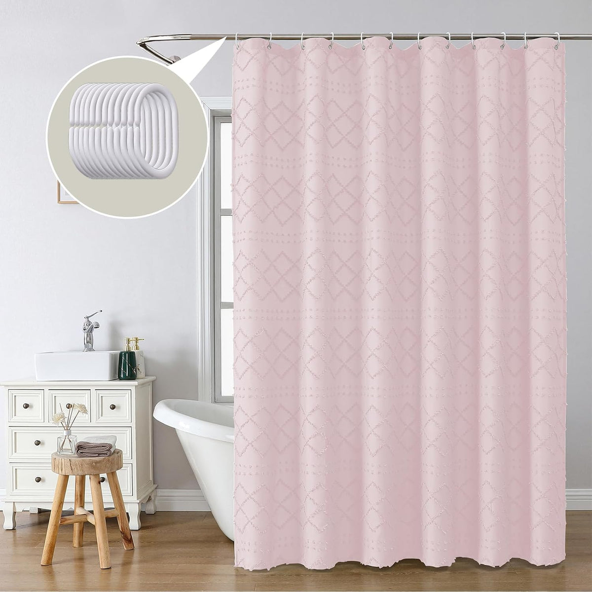 Blush Pink Fabric Shower Curtain 72x72 Inches, Clip Jacquard Minimalist Cloth Shower Curtain for Bathroom, Chic Tufted Plaid Striped Boho Fabric Shower Curtain for Hotel