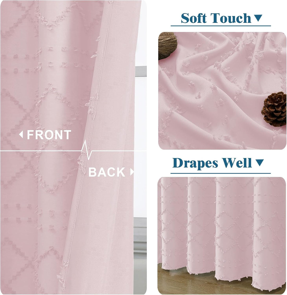 Blush Pink Fabric Shower Curtain 72x72 Inches, Clip Jacquard Minimalist Cloth Shower Curtain for Bathroom, Chic Tufted Plaid Striped Boho Fabric Shower Curtain for Hotel