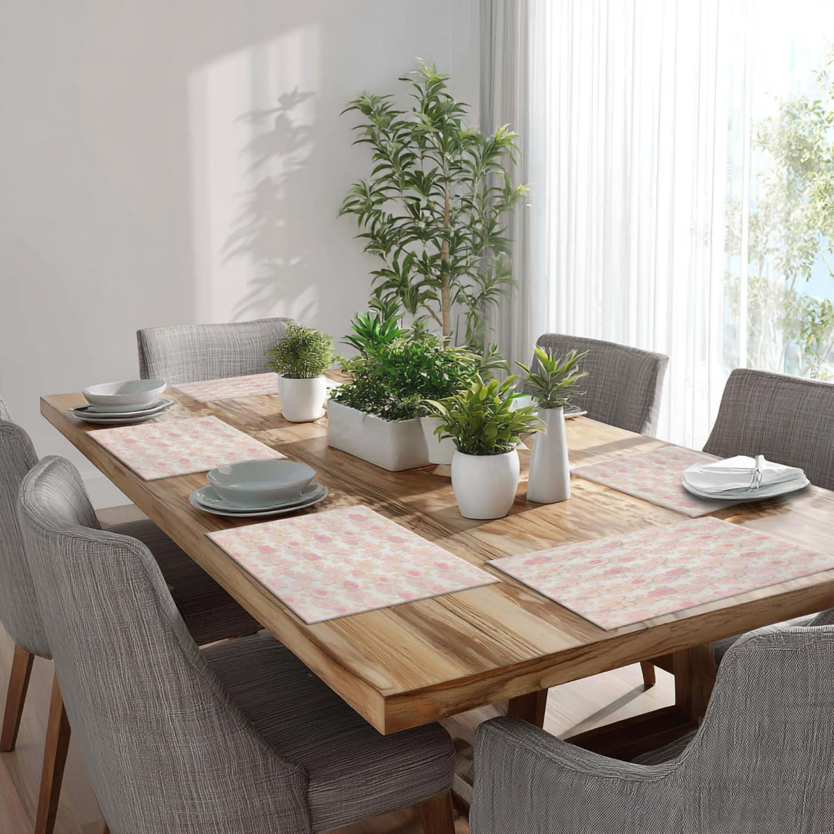 Pink Cherry Blossom Linen Placemats Set of 4, Light Pink Delicate Floral Washable Table Mats for Kitchen Table Thickened Heat Insulation Dining Set Indoor Outdoor 12X18 in