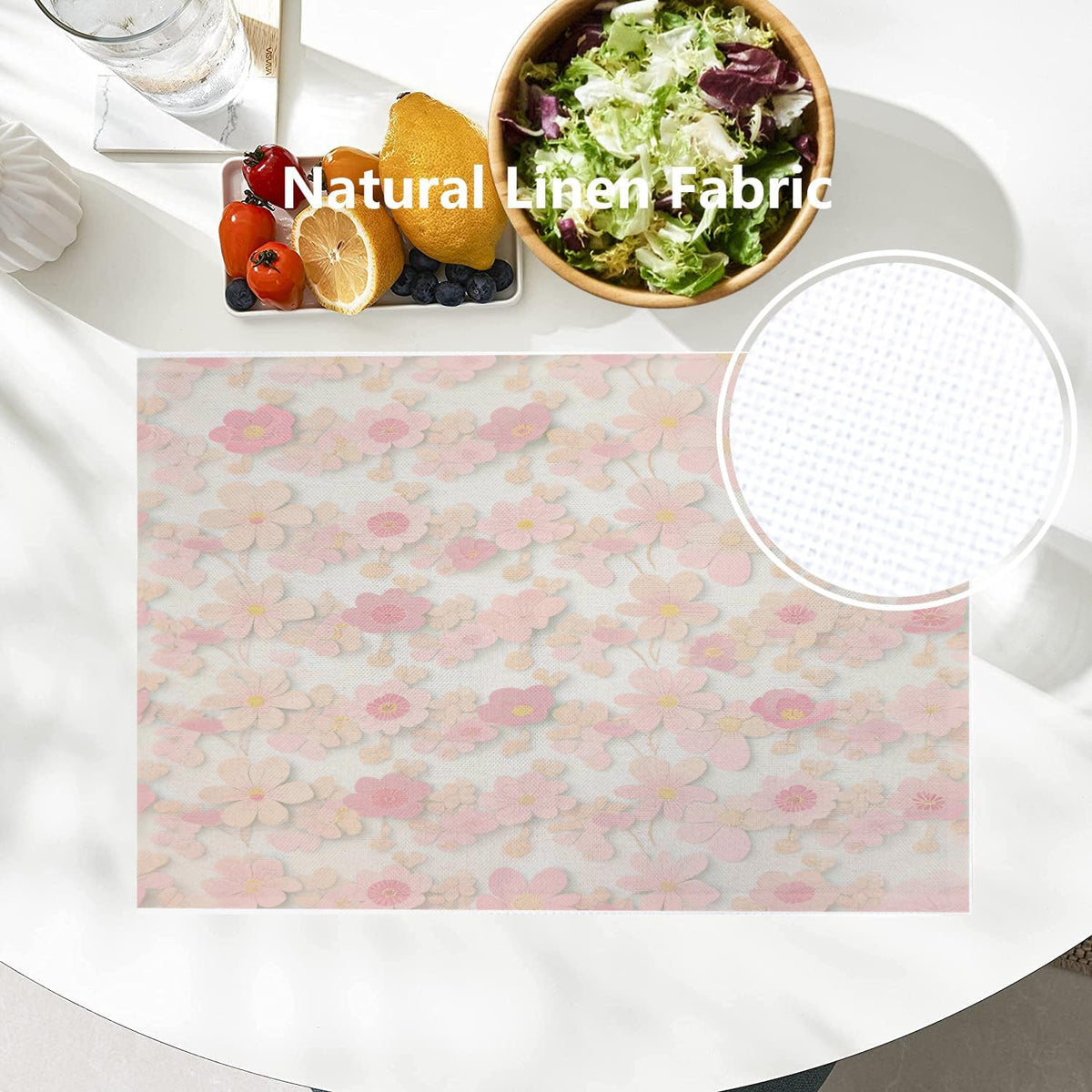 Pink Cherry Blossom Linen Placemats Set of 4, Light Pink Delicate Floral Washable Table Mats for Kitchen Table Thickened Heat Insulation Dining Set Indoor Outdoor 12X18 in
