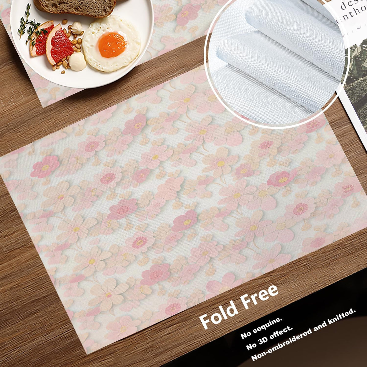 Pink Cherry Blossom Linen Placemats Set of 4, Light Pink Delicate Floral Washable Table Mats for Kitchen Table Thickened Heat Insulation Dining Set Indoor Outdoor 12X18 in