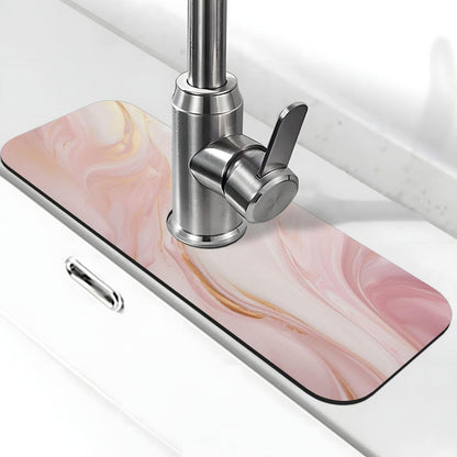 Light Pink Marble Gold Accents Faucet Mat Splash Guard, Absorbent Quick-Dry Kitchen Sink Mat,Ideal For Splash Guard Drip Catching