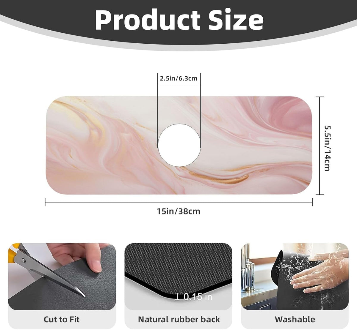 Light Pink Marble Gold Accents Faucet Mat Splash Guard, Absorbent Quick-Dry Kitchen Sink Mat,Ideal For Splash Guard Drip Catching