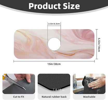 Light Pink Marble Gold Accents Faucet Mat Splash Guard, Absorbent Quick-Dry Kitchen Sink Mat,Ideal For Splash Guard Drip Catching