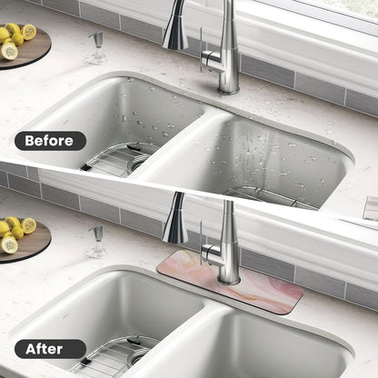 Light Pink Marble Gold Accents Faucet Mat Splash Guard, Absorbent Quick-Dry Kitchen Sink Mat,Ideal For Splash Guard Drip Catching