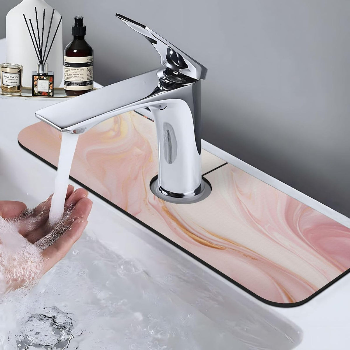 Light Pink Marble Gold Accents Faucet Mat Splash Guard, Absorbent Quick-Dry Kitchen Sink Mat,Ideal For Splash Guard Drip Catching