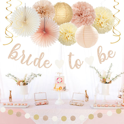 Champagne-Gold Beige Fall Bridal-Shower Party-Decorations - 36pcs Bride To Be Banner,Bachelorette Paper Lanterns,Wedding Streamers Garland,Boho Peach Tissue Pom Poms Flower Fan Decor Supplies