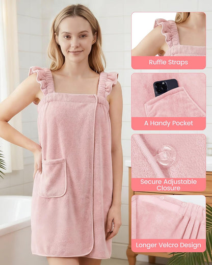 Towel Wrap for Women - Ruffled Straps Absorbent & Quick Dry Towel Bathrobe, Lightweight for Shower and Spa