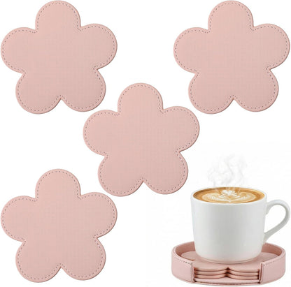 4 Pcs PU Leather Flower Coasters with Round Leather Base Holder Pink Absorbent Cute Drink Coaster Decorative Coffee Cup Mat for Kitchen Valentine's Day Housewarming Gift Table Decor