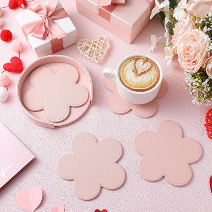 4 Pcs PU Leather Flower Coasters with Round Leather Base Holder Pink Absorbent Cute Drink Coaster Decorative Coffee Cup Mat for Kitchen Valentine's Day Housewarming Gift Table Decor