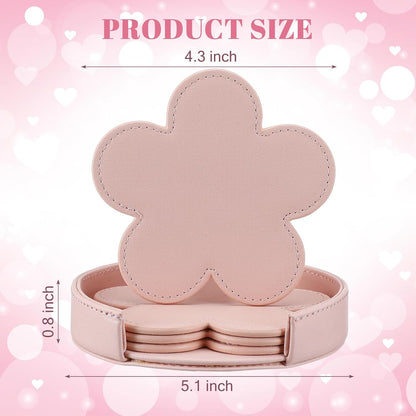 4 Pcs PU Leather Flower Coasters with Round Leather Base Holder Pink Absorbent Cute Drink Coaster Decorative Coffee Cup Mat for Kitchen Valentine's Day Housewarming Gift Table Decor