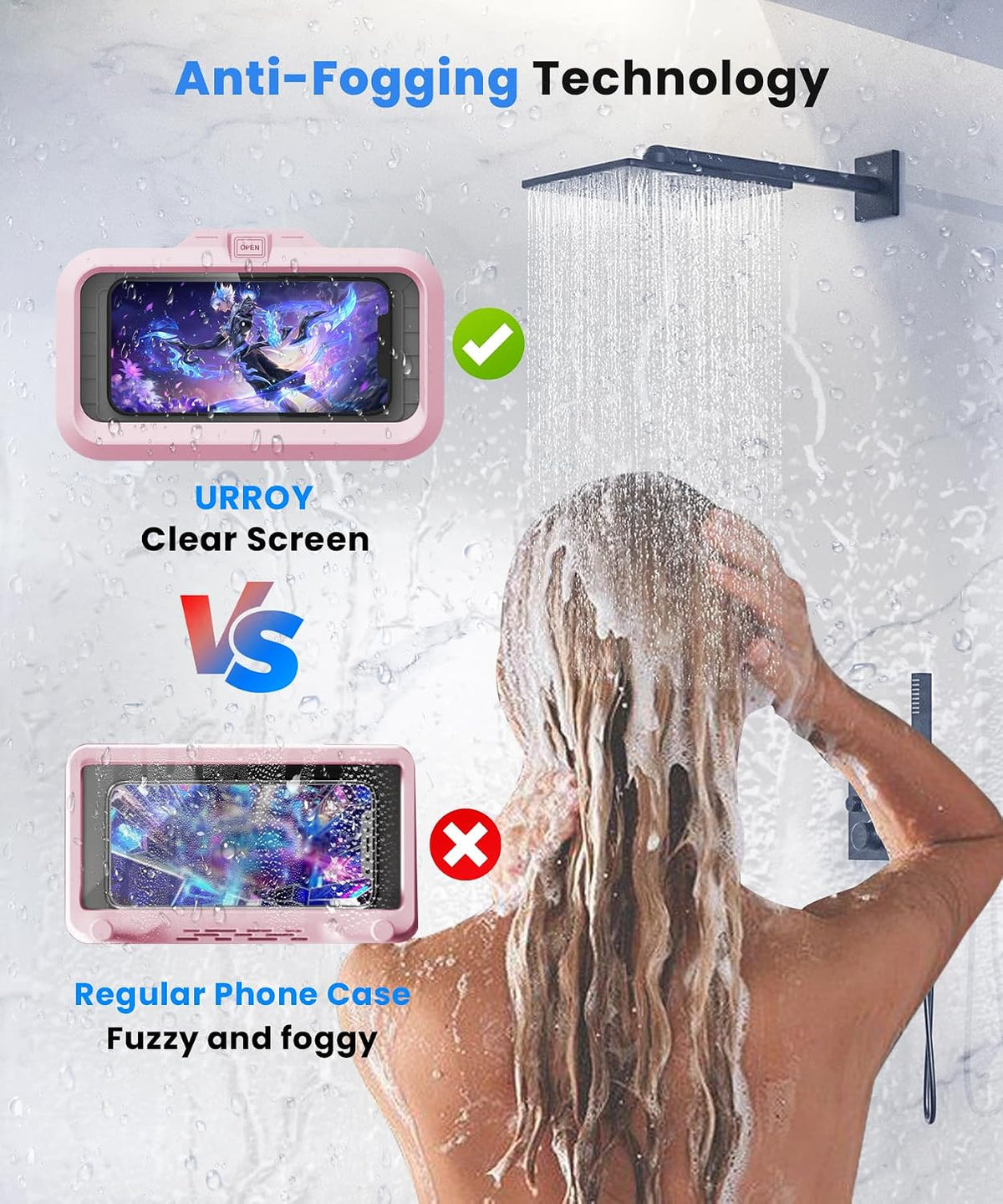 Shower Phone Holder Waterproof One-Touch Open Shower Phone Case Anti-Fog & Sensitive Touchscreen Bathroom Wall Phone Mount Stand Universal Fit for iPhone & Smartphones Gift for Men Women Pink