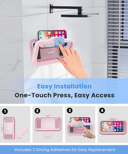 Shower Phone Holder Waterproof One-Touch Open Shower Phone Case Anti-Fog & Sensitive Touchscreen Bathroom Wall Phone Mount Stand Universal Fit for iPhone & Smartphones Gift for Men Women Pink