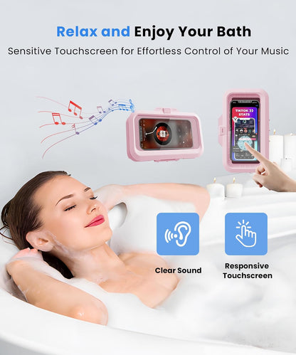 Shower Phone Holder Waterproof One-Touch Open Shower Phone Case Anti-Fog & Sensitive Touchscreen Bathroom Wall Phone Mount Stand Universal Fit for iPhone & Smartphones Gift for Men Women Pink