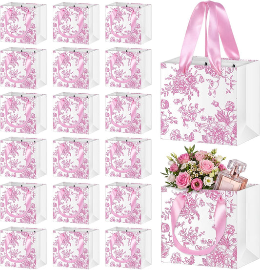 24 Pcs Pink Floral Mini Gift Bags Bridesmaid Small Gift Bags with Handle 4.72 x 2.36 x 3.94 Inches Flower Party Goodie Paper Bag for Bridal Party Wedding Birthday Favor Wrapping