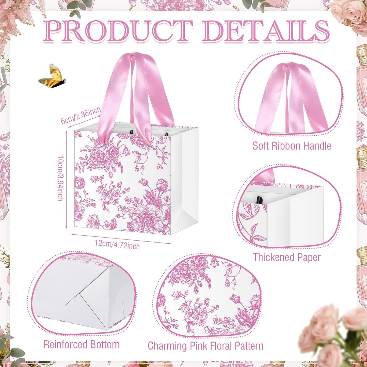 24 Pcs Pink Floral Mini Gift Bags Bridesmaid Small Gift Bags with Handle 4.72 x 2.36 x 3.94 Inches Flower Party Goodie Paper Bag for Bridal Party Wedding Birthday Favor Wrapping