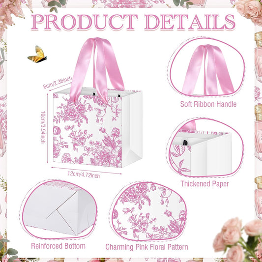 24 Pcs Pink Floral Mini Gift Bags Bridesmaid Small Gift Bags with Handle 4.72 x 2.36 x 3.94 Inches Flower Party Goodie Paper Bag for Bridal Party Wedding Birthday Favor Wrapping
