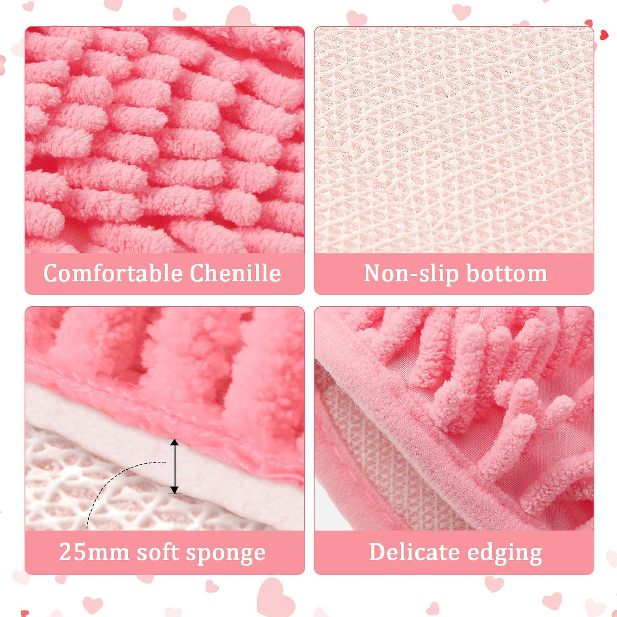 Pink Heart Shaped Rug, Non-Slip Chenille Bathroom Mat for Mom, Washable Soft Plush Carpet for Bedroom, Living Room & Entryway, Lovely Gift for Mother's Day 20'' x 24''
