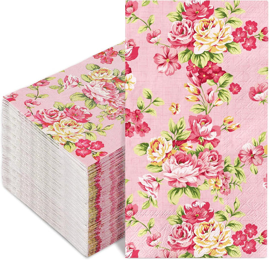 50 Pcs Pink Floral Guest Napkins Disposable Vintage Floral Paper Napkins Retro Flower Dinner Hand Towels for Bathroom Party Supplies Table Decorations