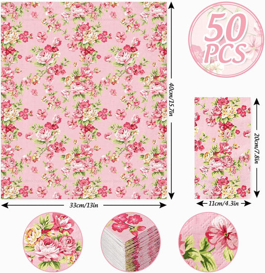 50 Pcs Pink Floral Guest Napkins Disposable Vintage Floral Paper Napkins Retro Flower Dinner Hand Towels for Bathroom Party Supplies Table Decorations