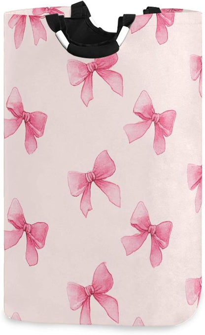 Pink Bow Large Laundry Hamper with Handle, Foldable Clothes Hamper Collapsible Storage Basket for Toys and Clothes Organization in Bedroom, Bathroom, and Laundry Room