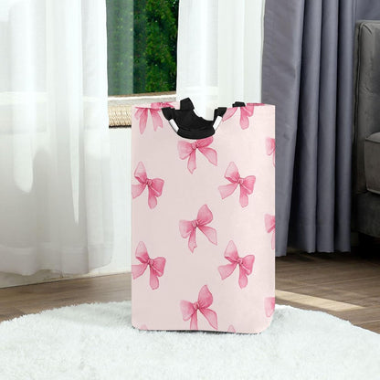Pink Bow Large Laundry Hamper with Handle, Foldable Clothes Hamper Collapsible Storage Basket for Toys and Clothes Organization in Bedroom, Bathroom, and Laundry Room