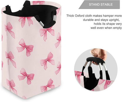 Pink Bow Large Laundry Hamper with Handle, Foldable Clothes Hamper Collapsible Storage Basket for Toys and Clothes Organization in Bedroom, Bathroom, and Laundry Room