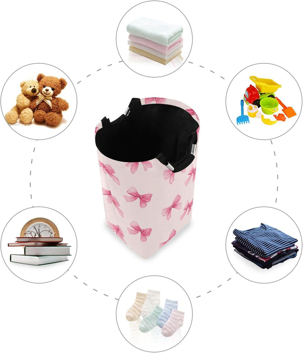 Pink Bow Large Laundry Hamper with Handle, Foldable Clothes Hamper Collapsible Storage Basket for Toys and Clothes Organization in Bedroom, Bathroom, and Laundry Room