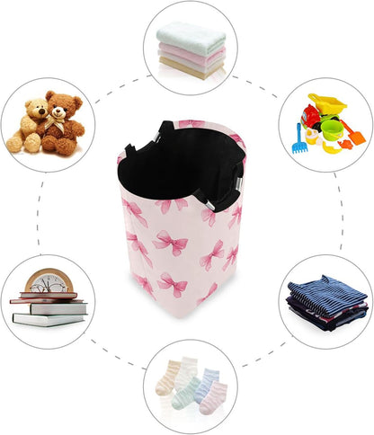 Pink Bow Large Laundry Hamper with Handle, Foldable Clothes Hamper Collapsible Storage Basket for Toys and Clothes Organization in Bedroom, Bathroom, and Laundry Room