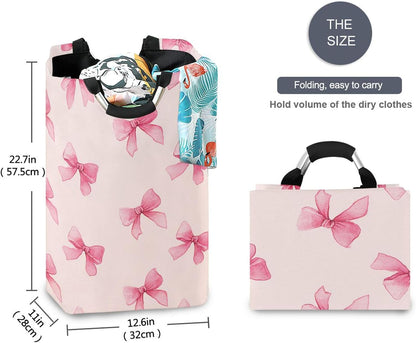 Pink Bow Large Laundry Hamper with Handle, Foldable Clothes Hamper Collapsible Storage Basket for Toys and Clothes Organization in Bedroom, Bathroom, and Laundry Room