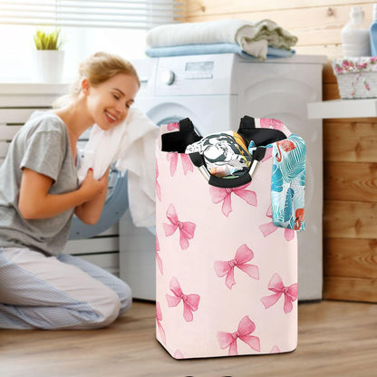 Pink Bow Large Laundry Hamper with Handle, Foldable Clothes Hamper Collapsible Storage Basket for Toys and Clothes Organization in Bedroom, Bathroom, and Laundry Room