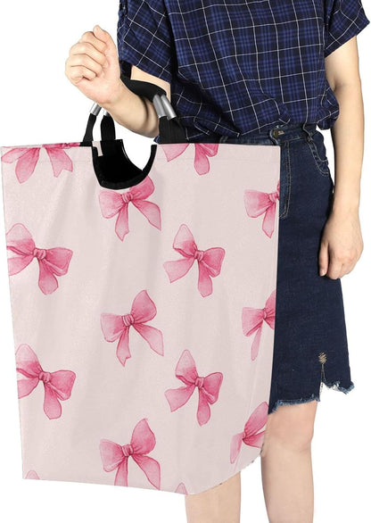Pink Bow Large Laundry Hamper with Handle, Foldable Clothes Hamper Collapsible Storage Basket for Toys and Clothes Organization in Bedroom, Bathroom, and Laundry Room