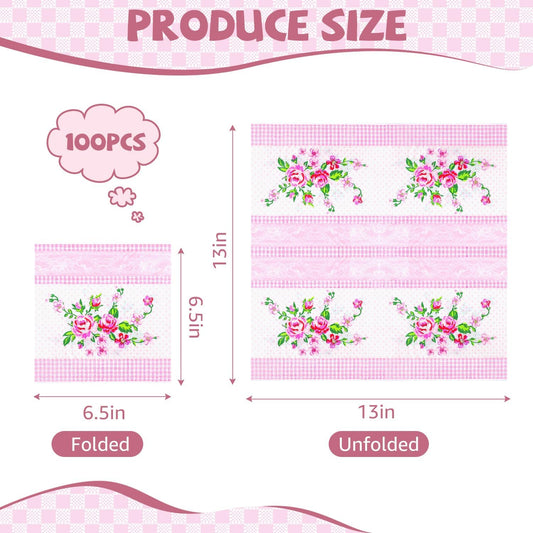 100 PCS Floral Paper Napkins, Spring Pink White Flowers Disposable Decorative Napkins, 13 x 13 Inch Elegance Floral Napkin for Bridal Baby Shower, Tea Party, Wedding Birthday Holiday Party Supplies