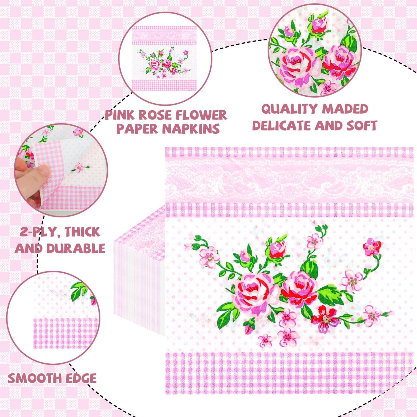 100 PCS Floral Paper Napkins, Spring Pink White Flowers Disposable Decorative Napkins, 13 x 13 Inch Elegance Floral Napkin for Bridal Baby Shower, Tea Party, Wedding Birthday Holiday Party Supplies