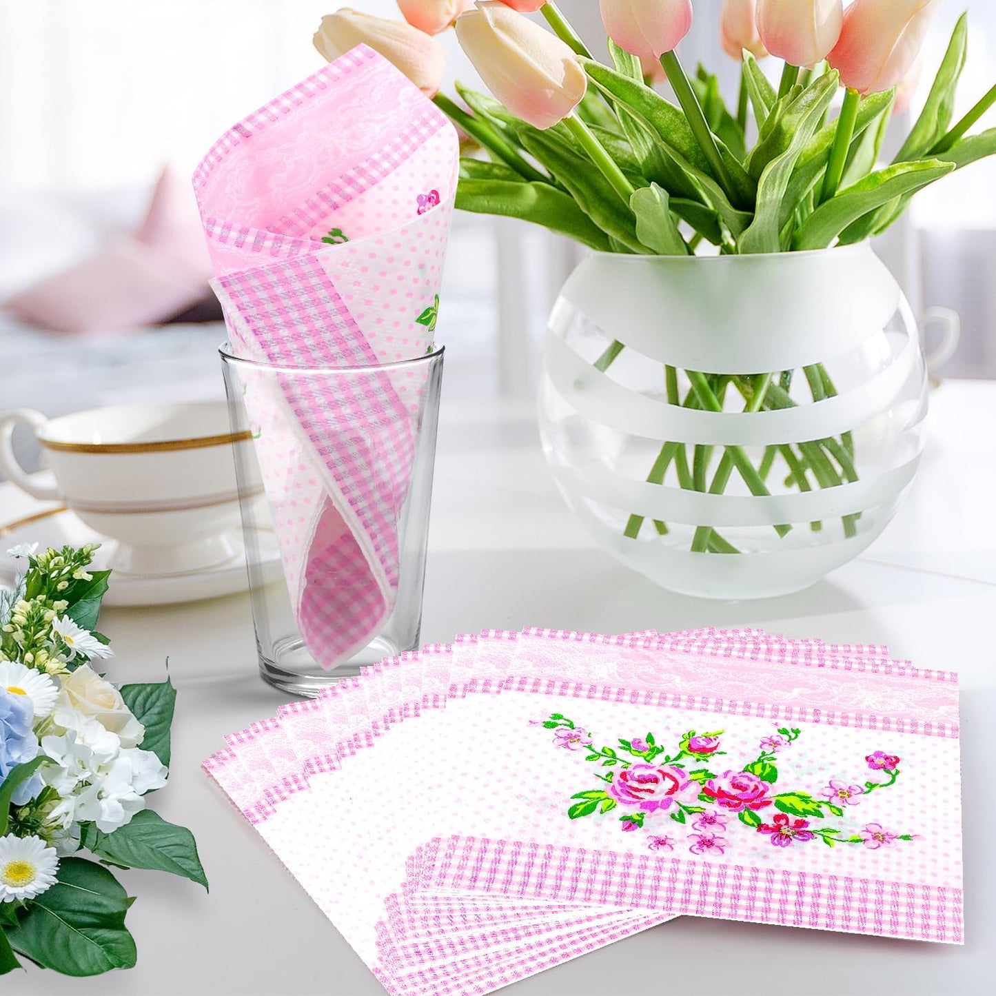 100 PCS Floral Paper Napkins, Spring Pink White Flowers Disposable Decorative Napkins, 13 x 13 Inch Elegance Floral Napkin for Bridal Baby Shower, Tea Party, Wedding Birthday Holiday Party Supplies