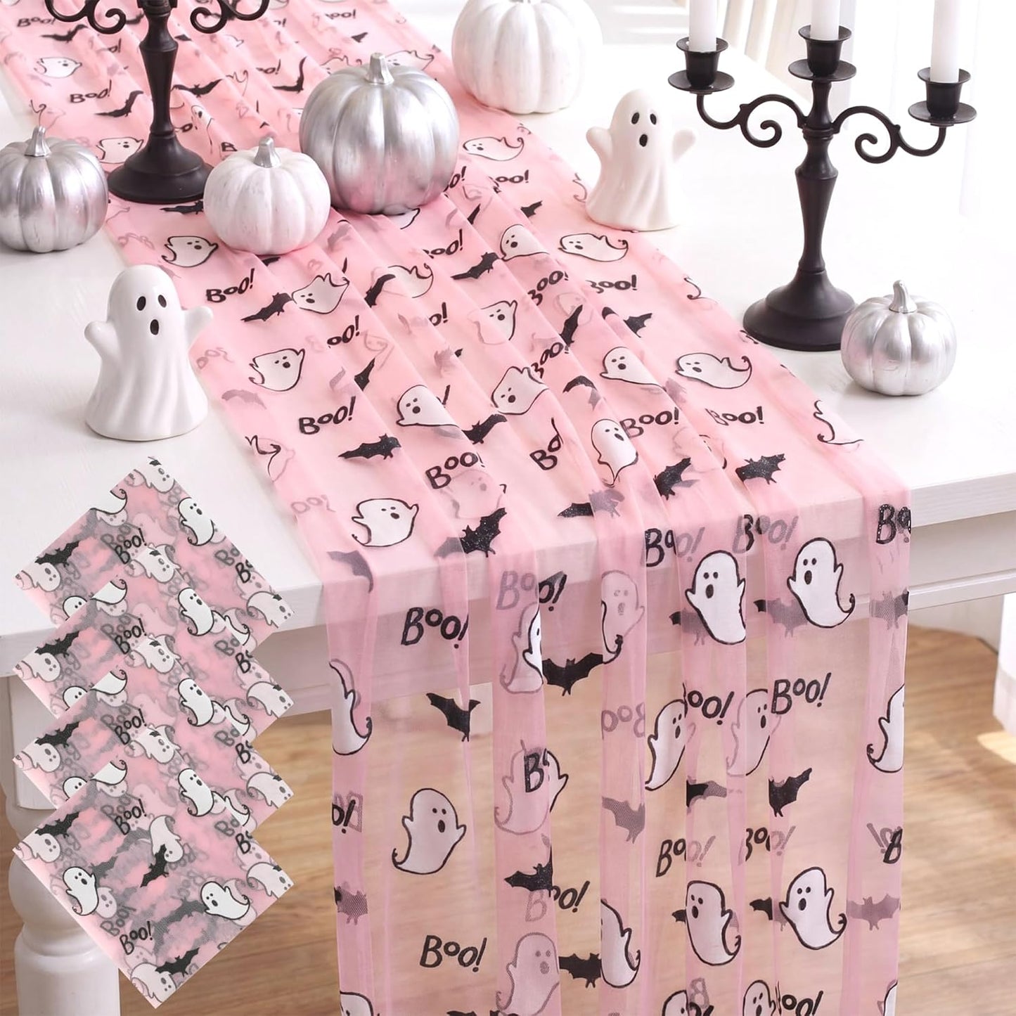 4 Pcs Pink Halloween Table Runners 29 x 70 in Ghosts Bats Party Decor