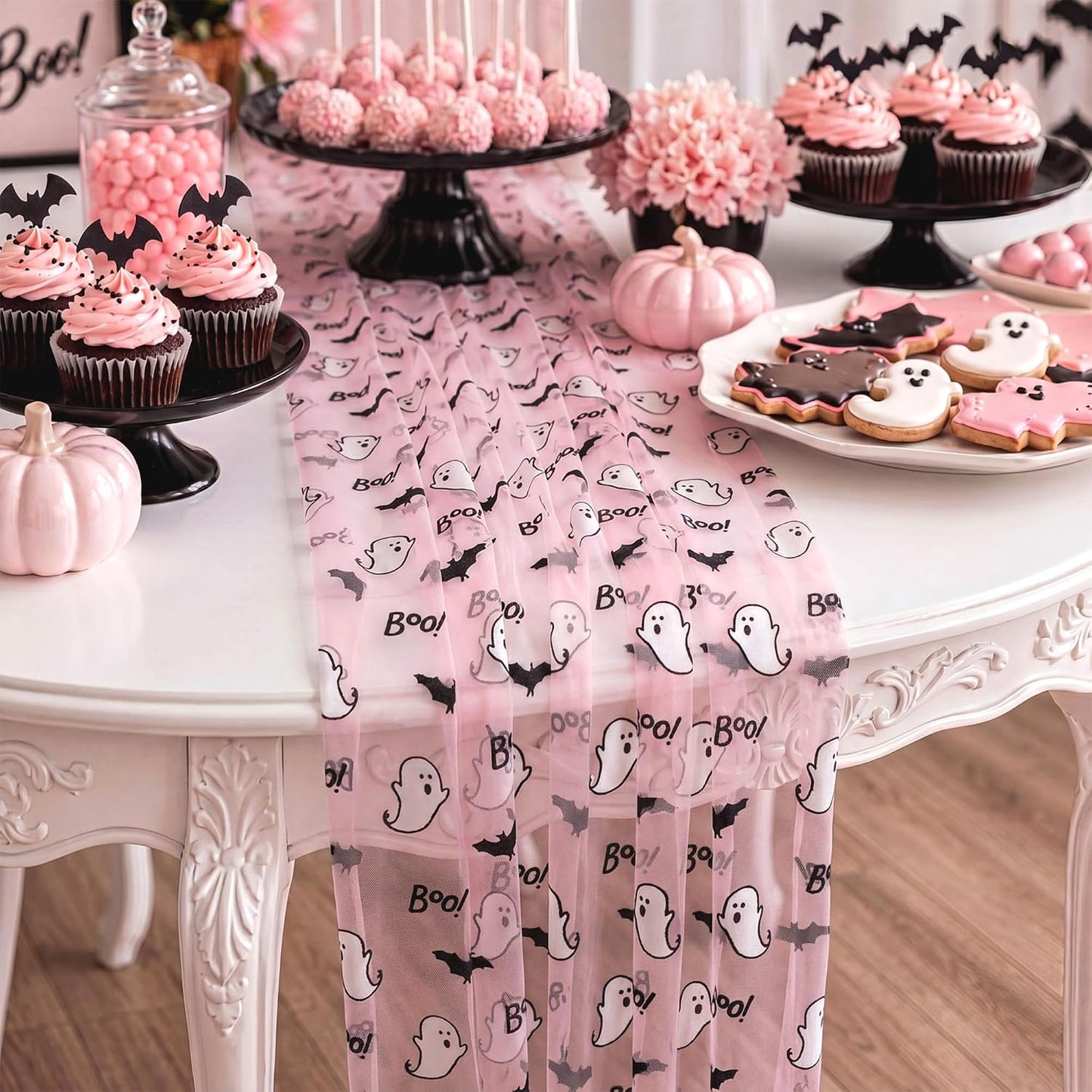 4 Pcs Pink Halloween Table Runners 29 x 70 in Ghosts Bats Party Decor