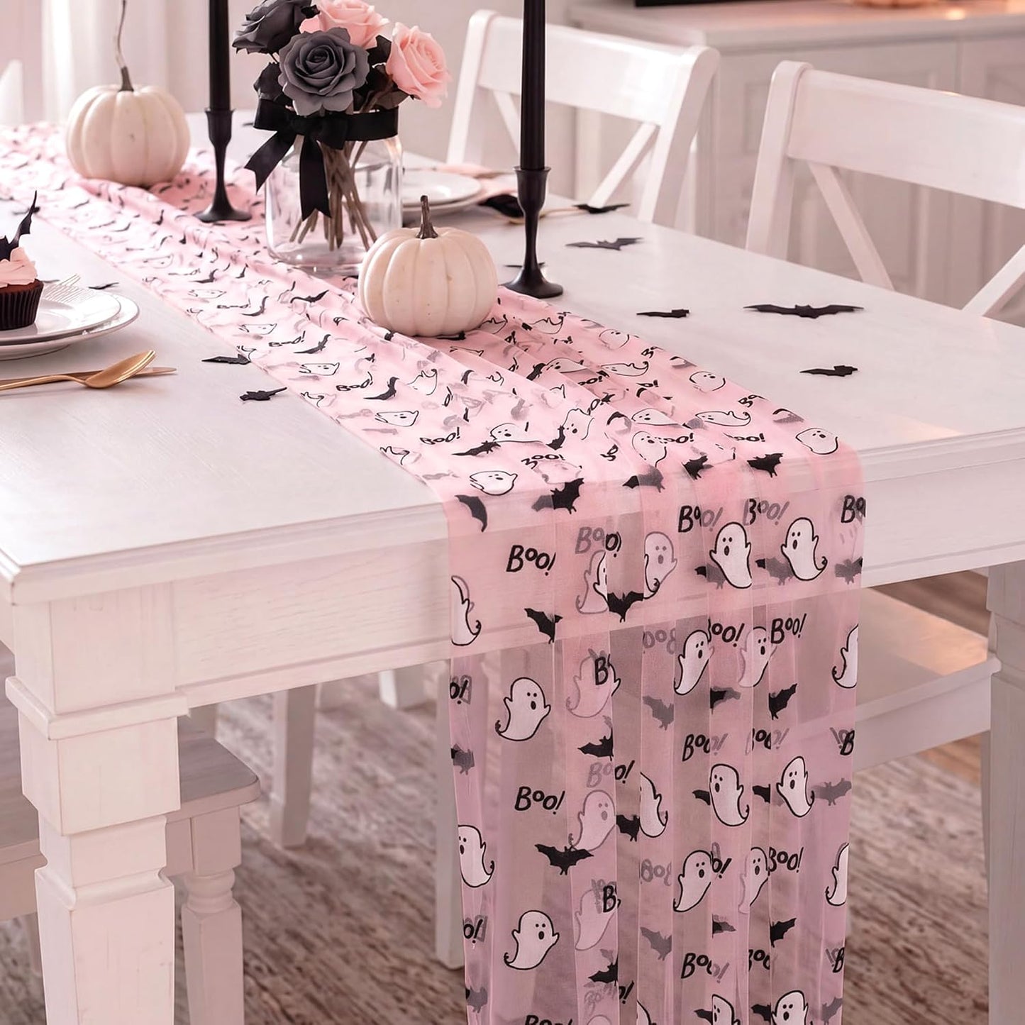4 Pcs Pink Halloween Table Runners 29 x 70 in Ghosts Bats Party Decor